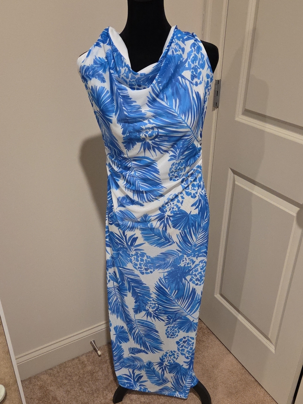 White and Blue Tropical Cowl-Neck Maxi Dress